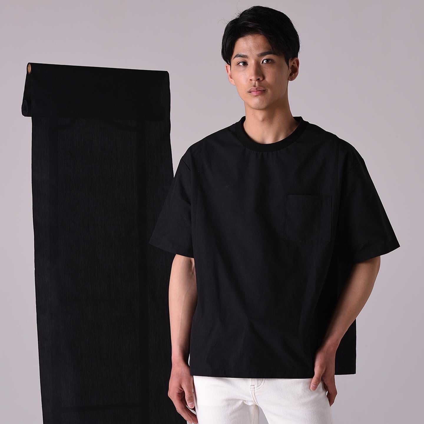 小幅織物Tシャツ 黒ポケット