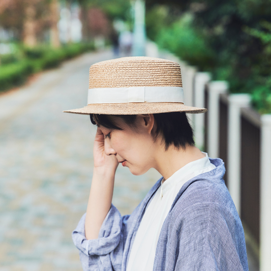【春夏限定】麦わらカンカン帽　ベージュ×白リボン